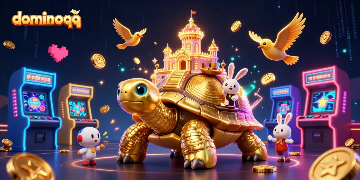 Engage in thrilling gameplay at dominoqq with a vibrant scene depicting a tortoise casino and animated characters.