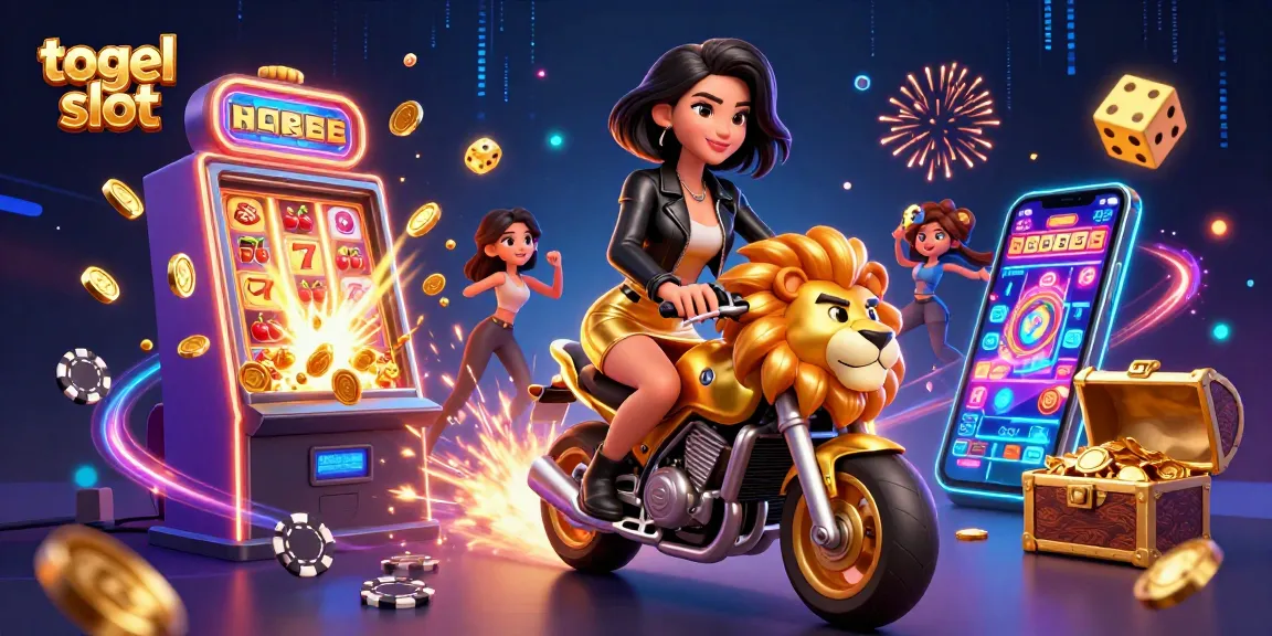 Experience thrilling togel slot action with a glamorous Asian woman riding a golden lion mascot amidst dynamic casino elements.