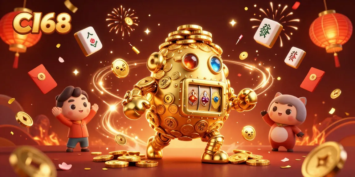 C168 brings to life a vibrant casino scene featuring a golden golem and floating game elements, enticing players.