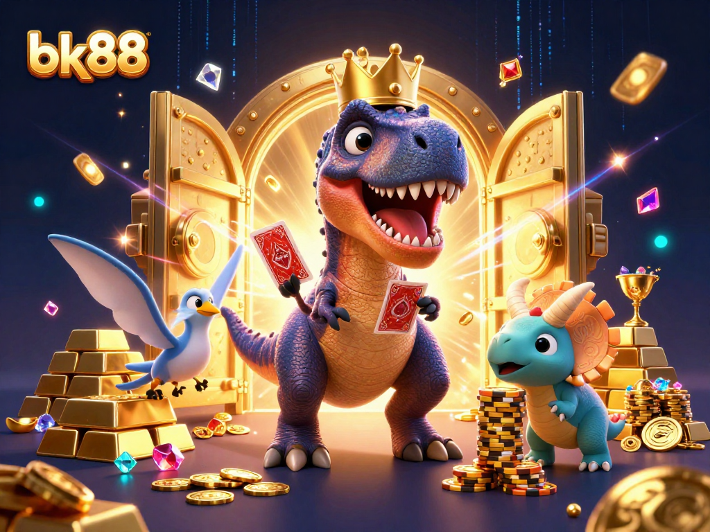 Experience thrilling bets at bk88 with playful dinosaurs shuffling cards and stacking chips amid treasures.