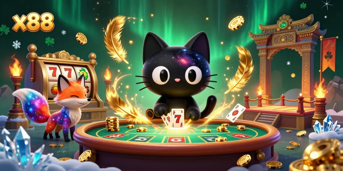x88 transforms the cosmic casino experience with a black hole cat pulling in golden chips and cards.