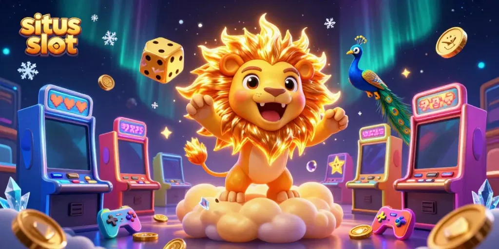Ilustrasi penuh warna tentang situs slot dengan mesin slot bersinar dikelilingi oleh dadu emas dan karakter kartun.
