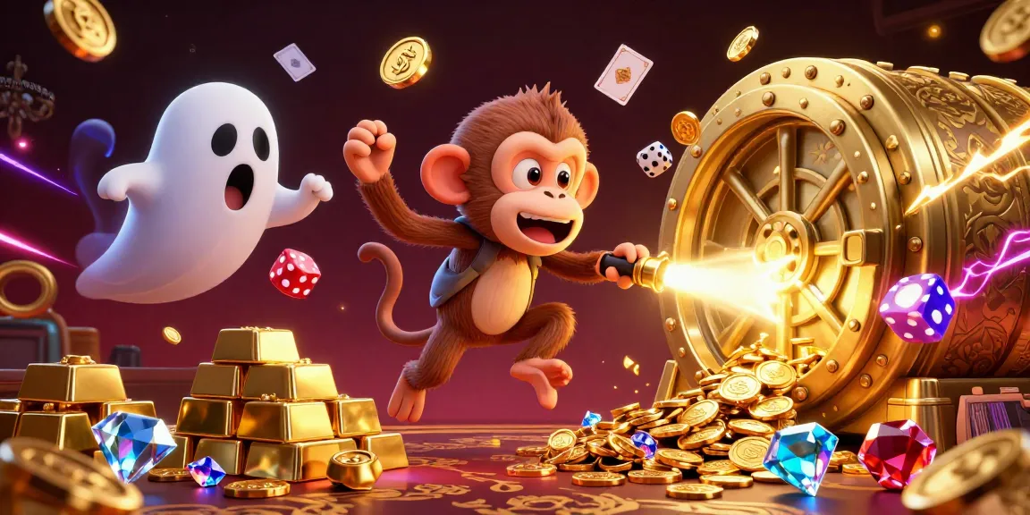 DAUNEMAS showcases an energetic casino scene with a mischievous monkey juggling gold, captivating gamblers.