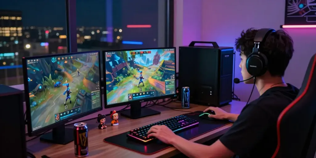 Intense gaming scene featuring a player immersed in unsurtoto, showcasing vibrant graphics and gaming setup.