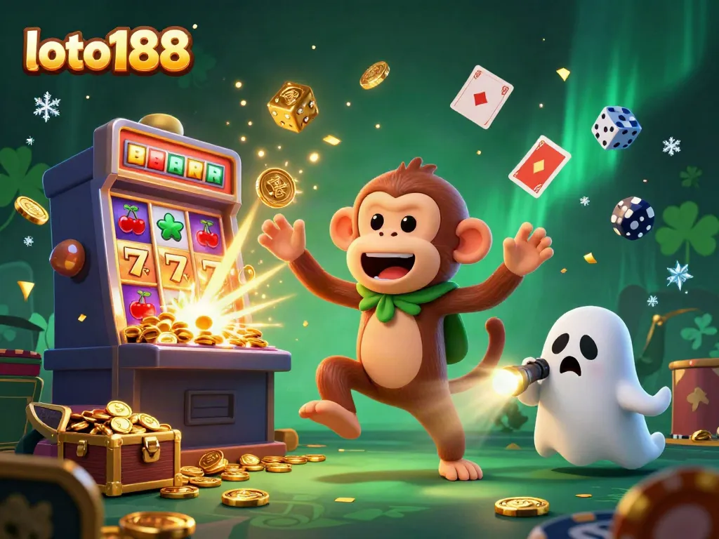 Experience the excitement of loto188 with a mischievous monkey and ghost-hunter puppy in a haunted casino scene.