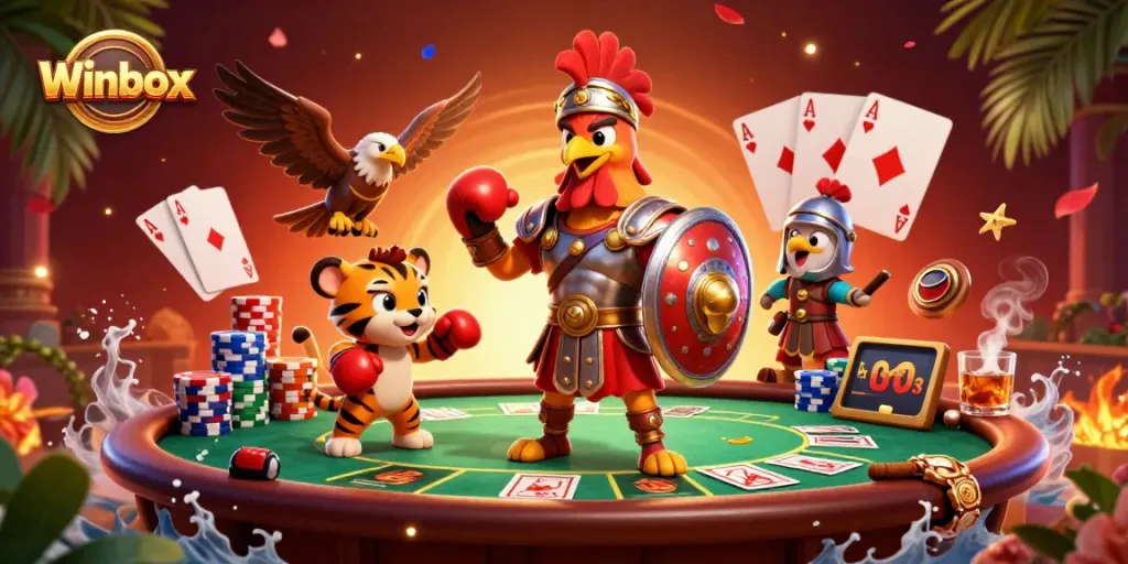 Winbox casino themed illustration showing a gladiator rooster surrounded by poker elements and vibrant decoration.