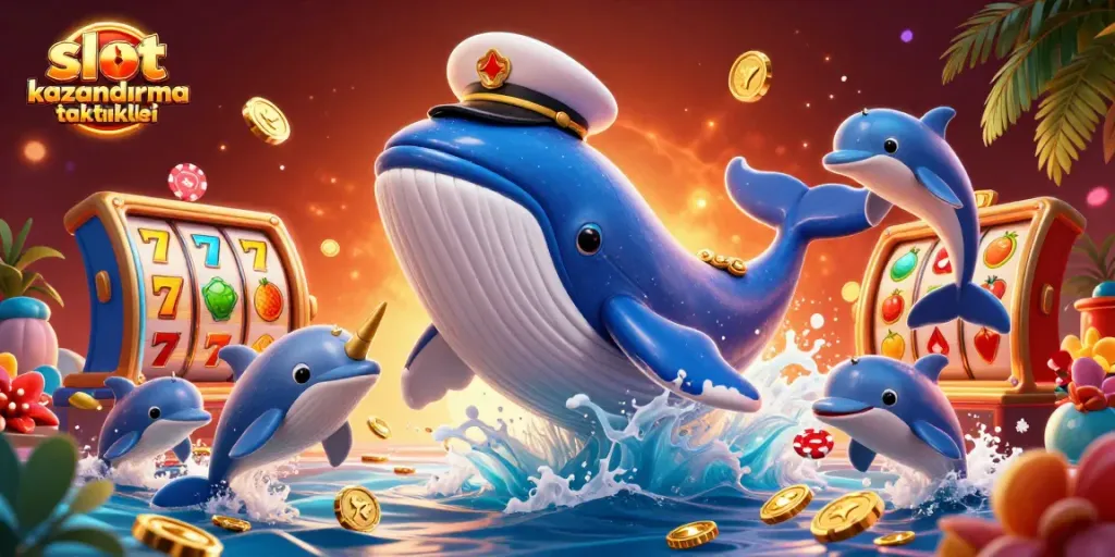 Engaging scene showcasing slot kazanma taktikleri with a playful whale, narwhal, and dolphins amidst vibrant casino elements.