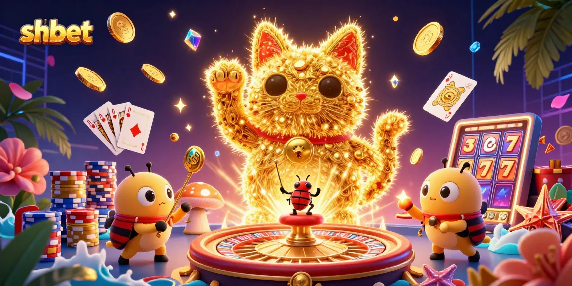 Bet confidently with shbet's vibrant 3D illustration showcasing a lucky cat and casino symbols.