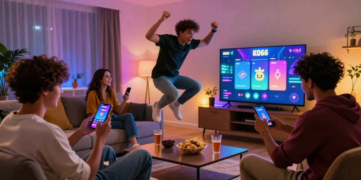 Excited players engaging with the KO66 app in a lively living room during a gaming session.