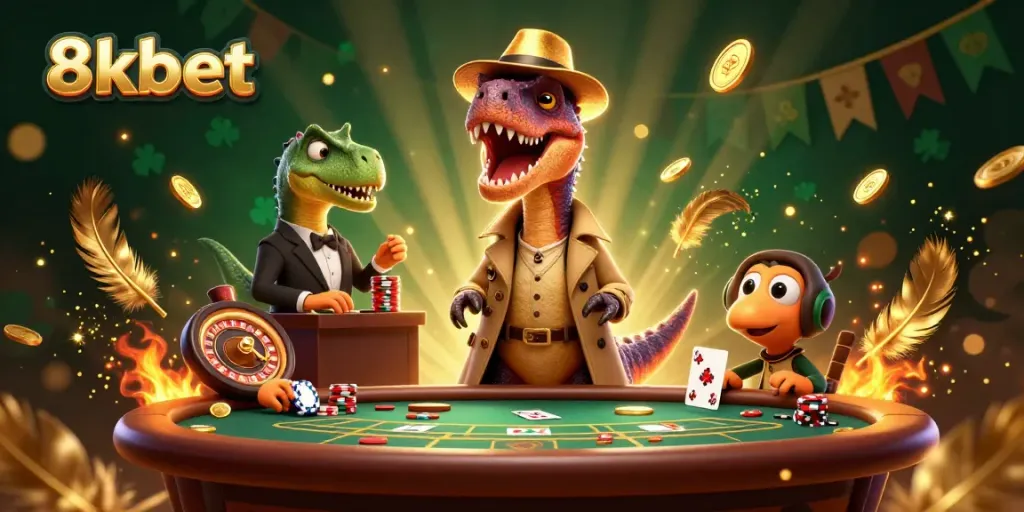 8xbet card counter velociraptor playing blackjack under the watchful eye of a stegosaurus pit boss in a packed casino scene.