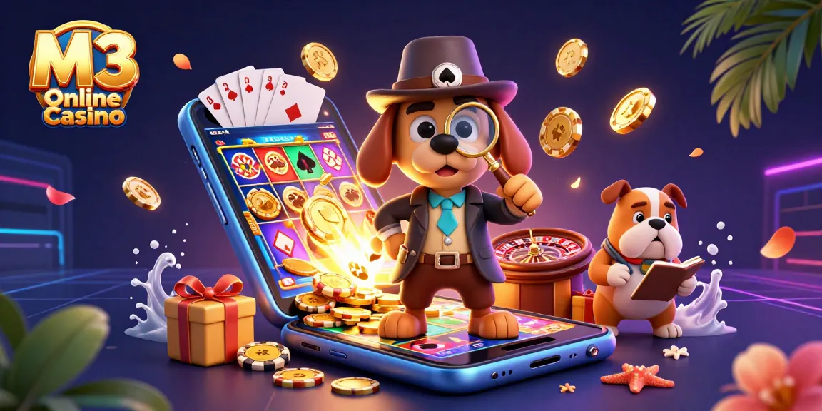 M3 Online Casino features a detective hunting for treasure in a vibrant, interactive slot game scene.