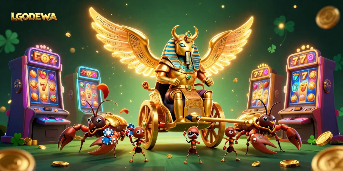Experience thrilling gameplay with LGODEWA featuring a vibrant 3D casino scene filled with playful characters and symbols.