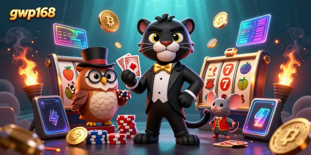 GWP168 menampilkan panther bergaya dalam tuxedo menangani kartu di kasino yang kaya dengan slot dan simbol keberuntungan.