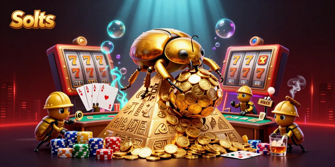 Experience thrilling Slots with our vibrant 3D illustration capturing golden beetles and casino elements.