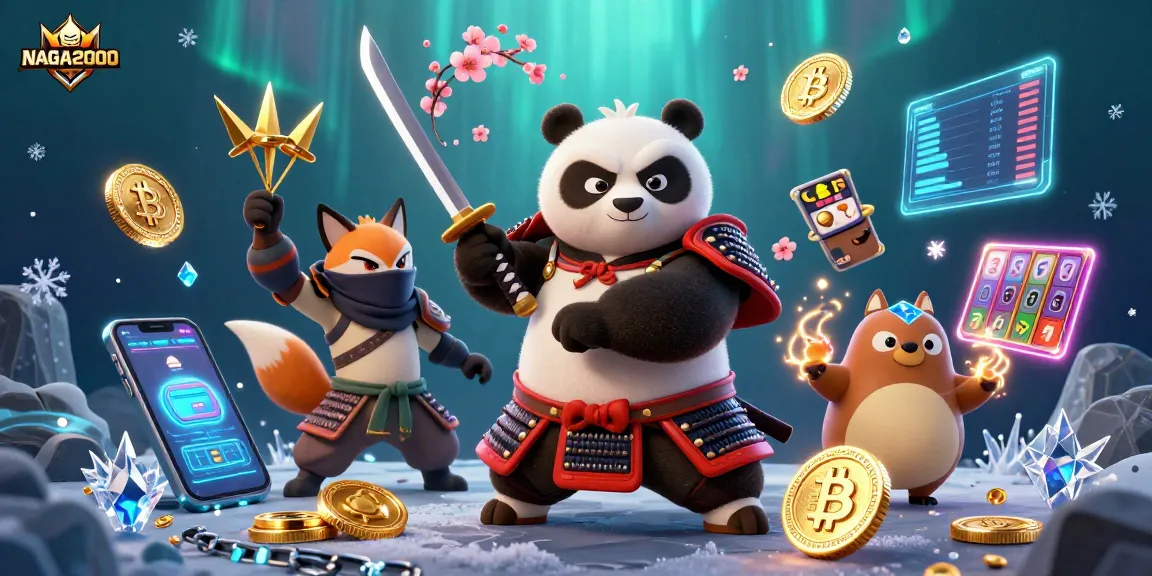 NAGA2000 menampilkan panda samurai dan rubah ninja yang menarik dalam suasana kasino yang cerah, dikelilingi oleh gulungan slot yang berputar dan elemen kripto.