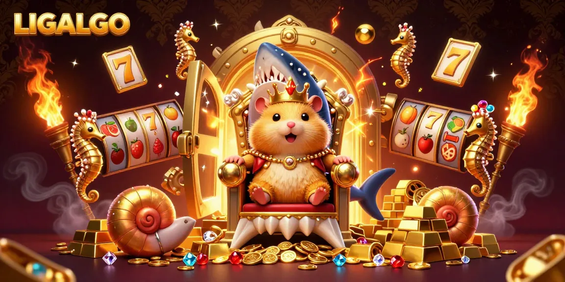 LIGALGO offers a vibrant casino experience with a golden hamster king and slot game symbols.