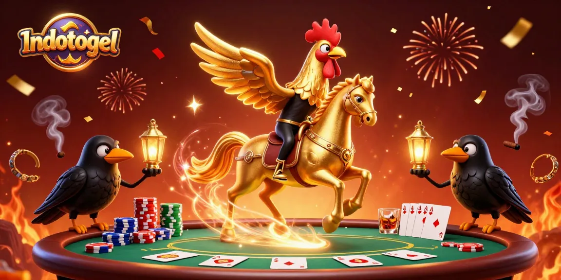 Engage with Indotogel as a golden rooster navigates an enchanting casino scene filled with poker elements.