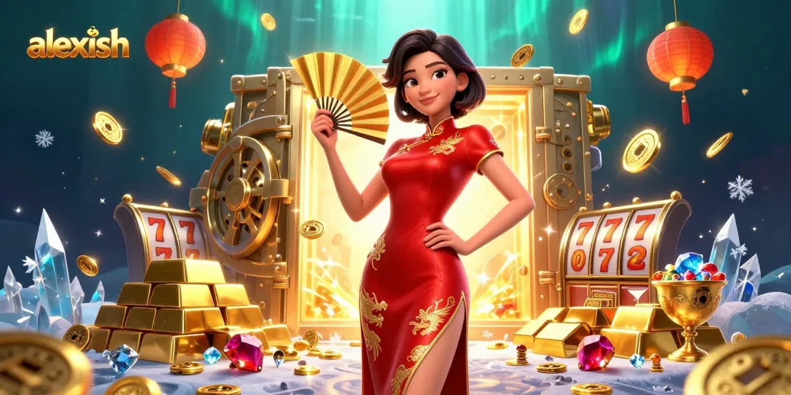 Experience excitement with alexish in a dynamic scene filled with slot reels and treasures.