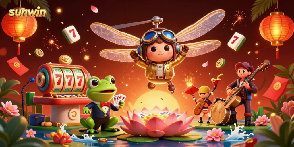 Engage with sunwin's vibrant slot reels as a dragonfly pilot commands a lily pad casino scene.
