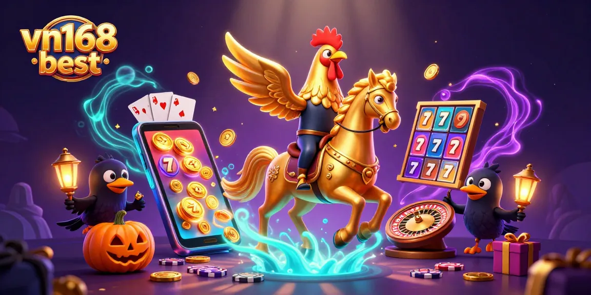 Win big on vn168 best with the golden rooster and dynamic casino theme illustration.