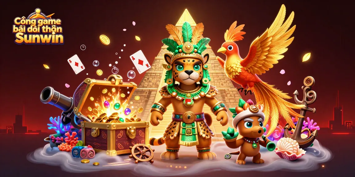 Win big with Cổng game bài đổi thưởng Sunwin in this vibrant 3D illustration featuring exotic characters and gaming elements.