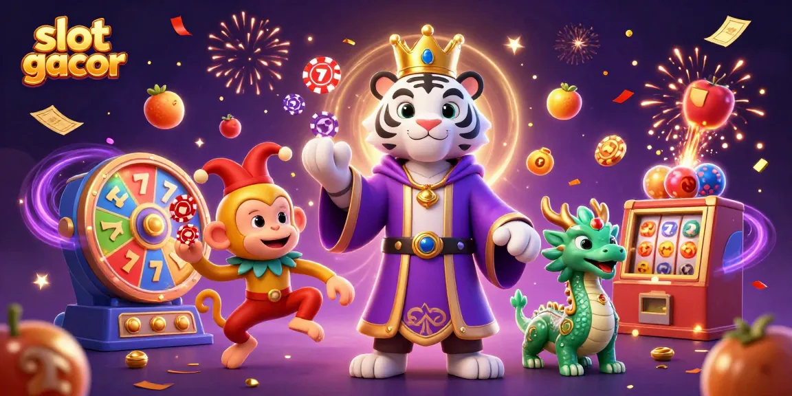 Experience the thrill of slot gacor with a dynamic scene featuring a royal tiger and playful characters.