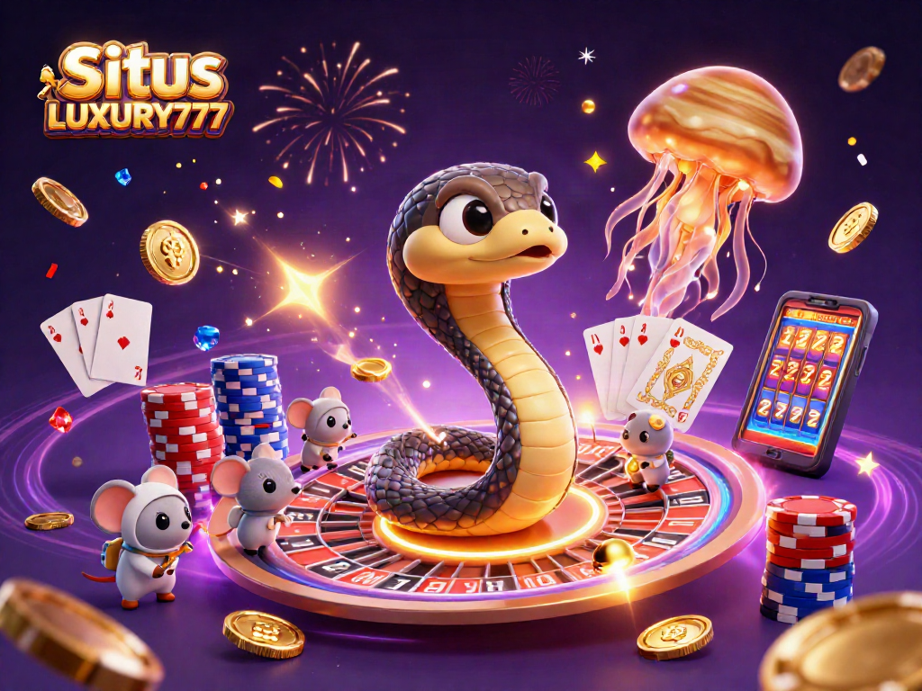 Situs LUXURY777 menampilkan ilustrasi kasino 3D seru dengan permainan roulette dan karakter lucu.