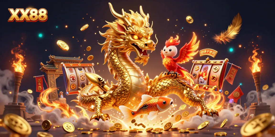 Experience thrilling gameplay with XX88, featuring a majestic golden dragon, phoenix, and koi fish amidst a vibrant casino scene.