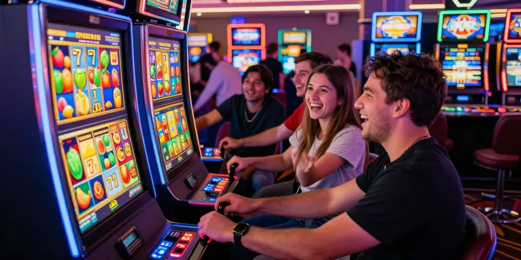Players excitedly trying their luck at the slot jackpot machine in a lively casino environment.