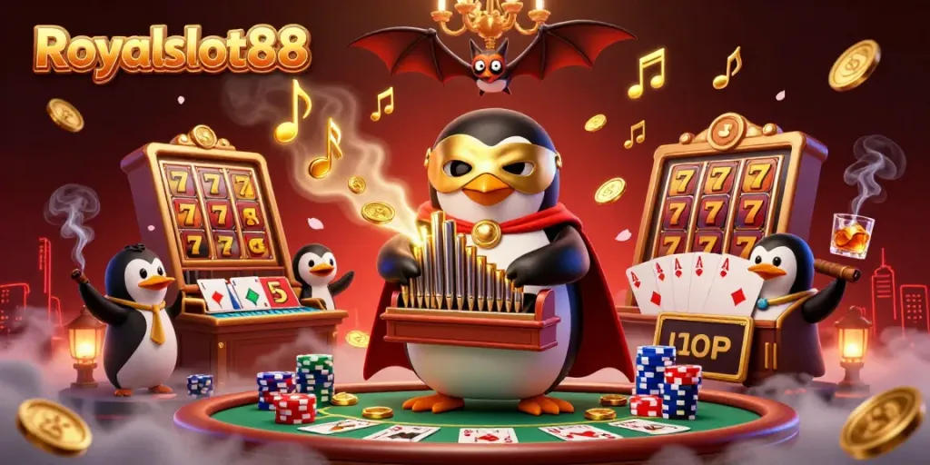 Gambarkan aksi RoyaleSlot88 saat bermain slot dan poker dengan karakter kartun lucu di kasino.