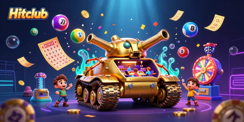Hitclub players enjoy a lively miniature casino scene within a massive golden beetle tank, showcasing vibrant game elements.