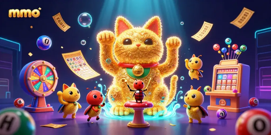 Experience mmoo's exciting lottery scene with vibrant colors and dynamic casino symbols.