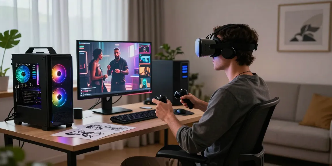 User engaging with NSFW AI technology in a high-tech office setup wearing VR headset, showcasing an immersive digital experience.