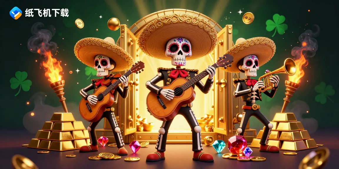 Engage in the vibrant world of 纸飞机下载 with a dynamic 3D illustration featuring a mariachi band amidst treasure.
