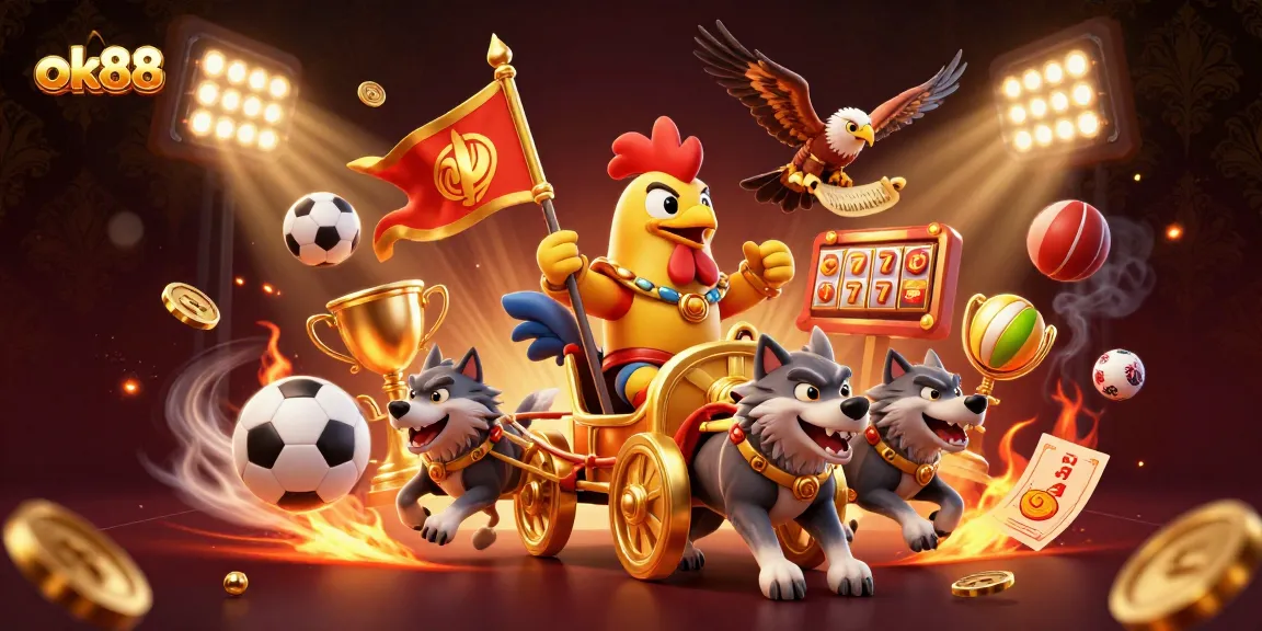 Engage in thrilling gameplay with ok88 featuring a dynamic scene of a rooster warlord and sports elements.