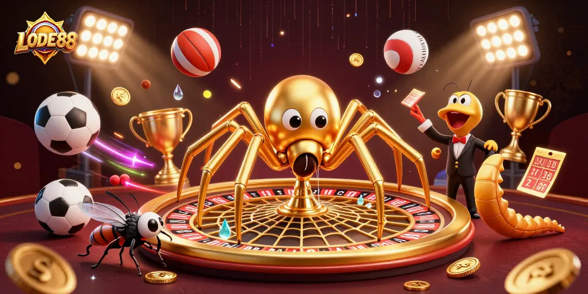 Place bets at LODE88 with engaging casino-themed 3D illustration featuring dynamic sports elements.
