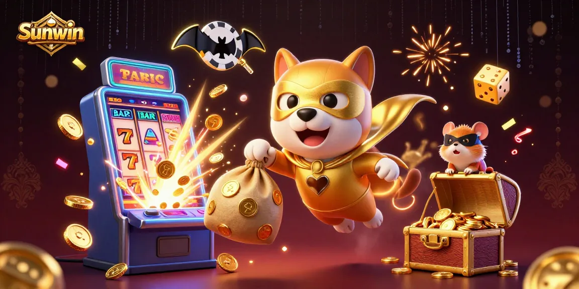 Join the adventure with Sunwin's superhero dog amidst a vibrant jackpot explosion and casino games.