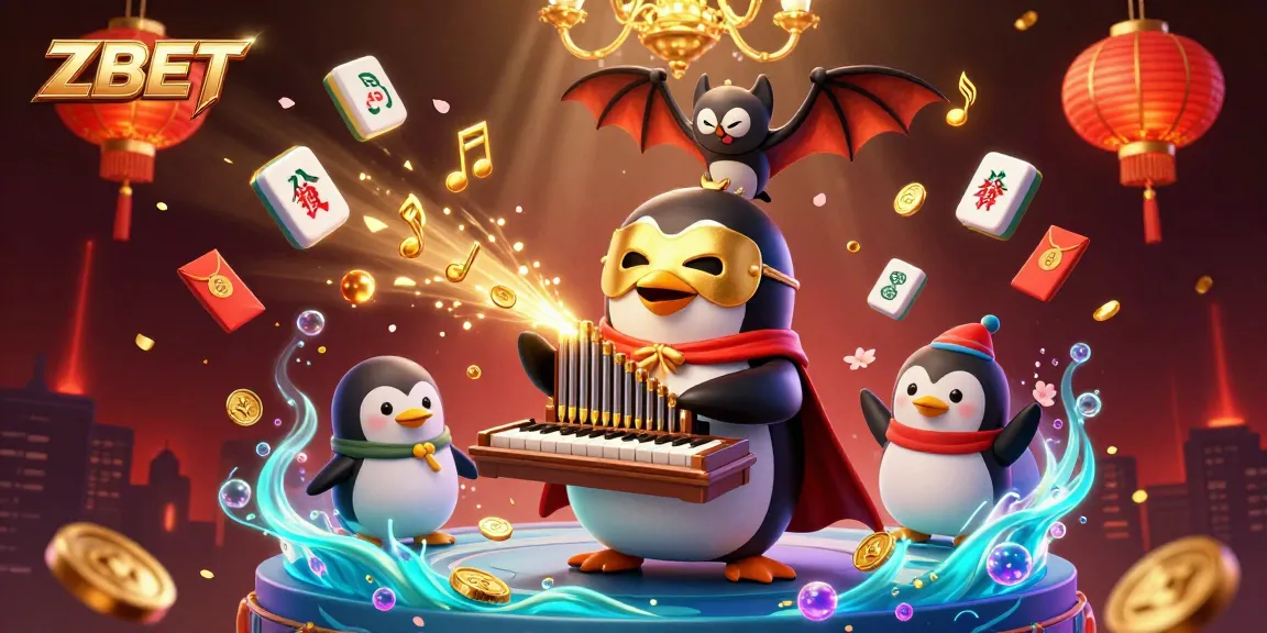 ZBET showcases a lively casino scene with golden coins and festive elements surrounding a phantom penguin organist.