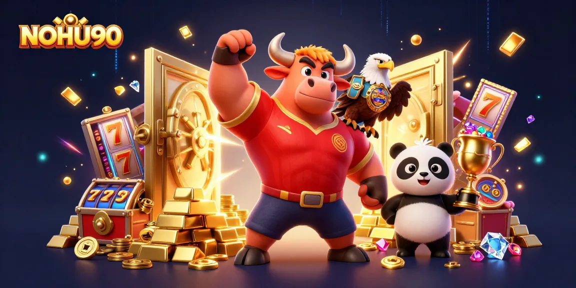 Engage with NOHU90, featuring a bull mascot in a victory pose amidst vibrant casino elements.