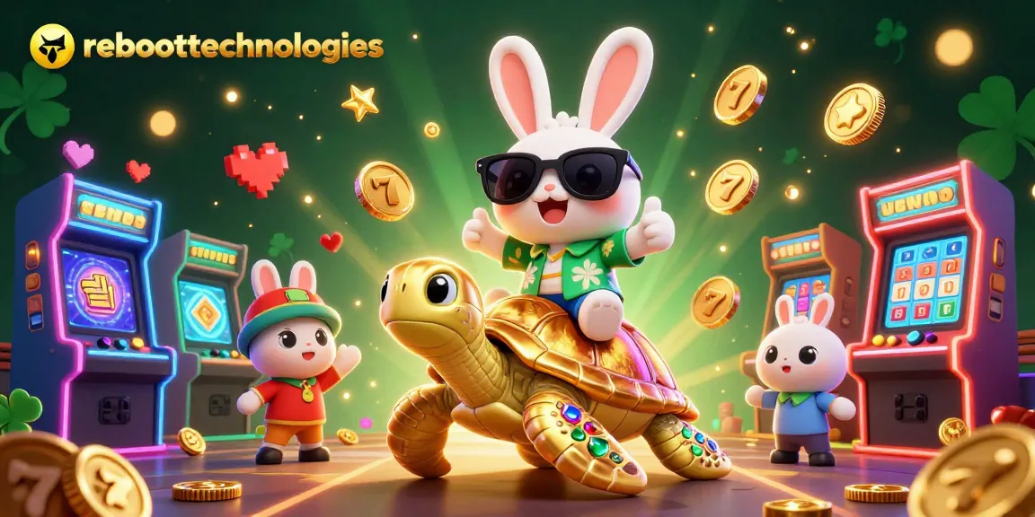 Reboottechnologies showcases a vibrant cartoon scene of gaming fun with lucky rabbit and sea turtle