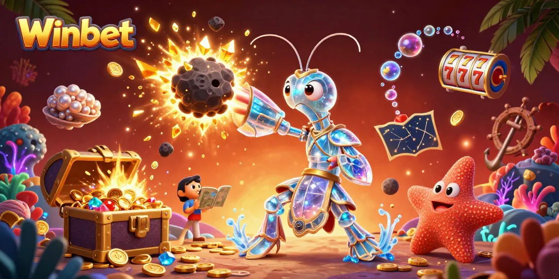 Winbet showcases thrilling gameplay, featuring a galactic mantis shrimp amidst explosive action with gems.