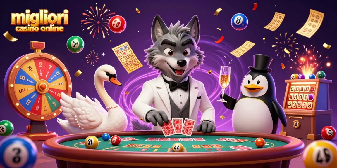 Unisciti al divertimento nei migliori casino online con una scena vivace di un lupo, un cigno e un pinguino in azione.