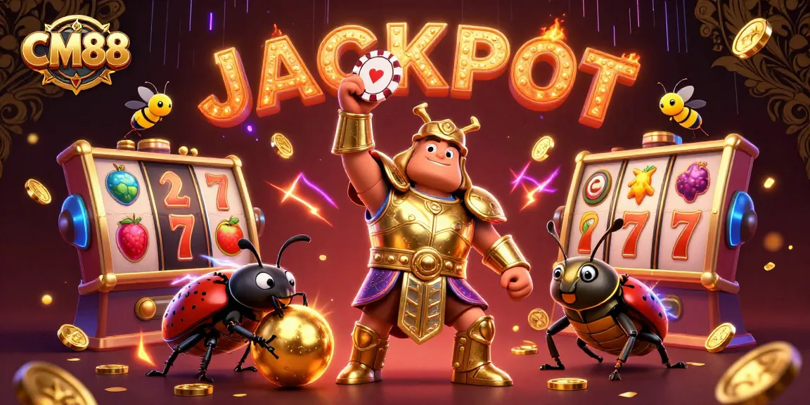 CM88 showcases a 3D victorious beetle amidst vibrant casino elements celebrating a jackpot.