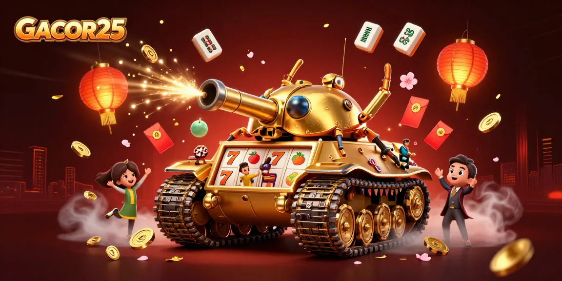 Experience GACOR25 with a colorful and dynamic 3D casino scene filled with gaming elements and festive decorations.