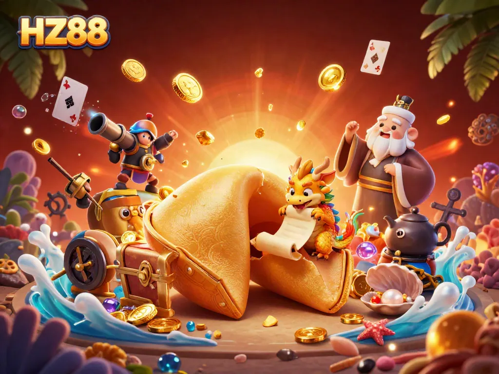 Experience the excitement of HZ88 with a vibrant 3D illustration showcasing casino elements and fortune-themed characters.