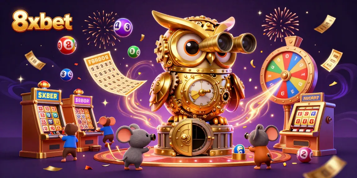 Experience the excitement of 8xbet with a vibrant casino scene featuring a golden owl and animated elements.