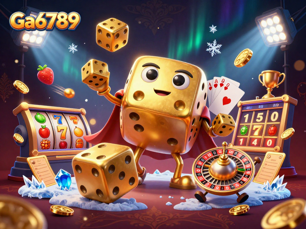 Ga6789 showcases a 3D golden dice golem amid dynamic slot reels and casino elements.