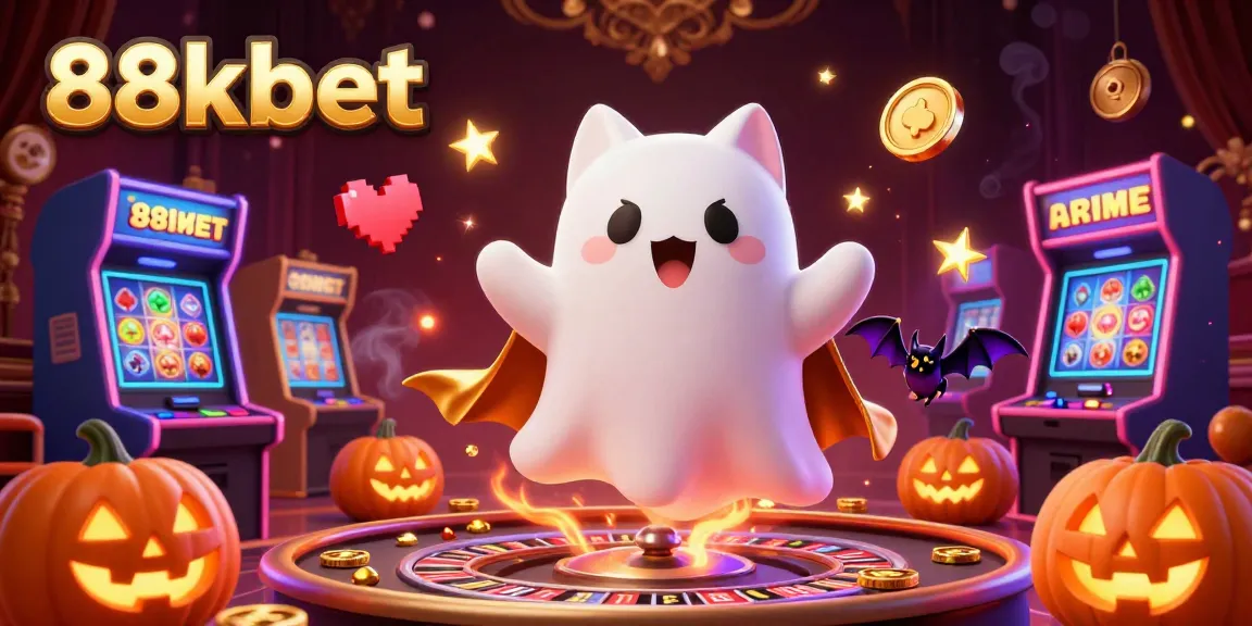 Experience thrilling gaming action at 88kbet with a ghost cat floating through a vibrant casino.