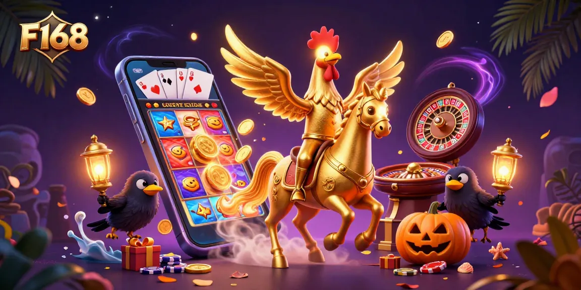 F168 engages players with a vibrant scene featuring a golden rooster in a midnight casino.