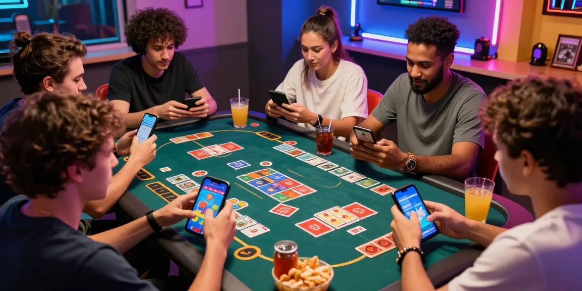 Players engaged in card games to win cash with excitement and camaraderie in a lively gaming scene.